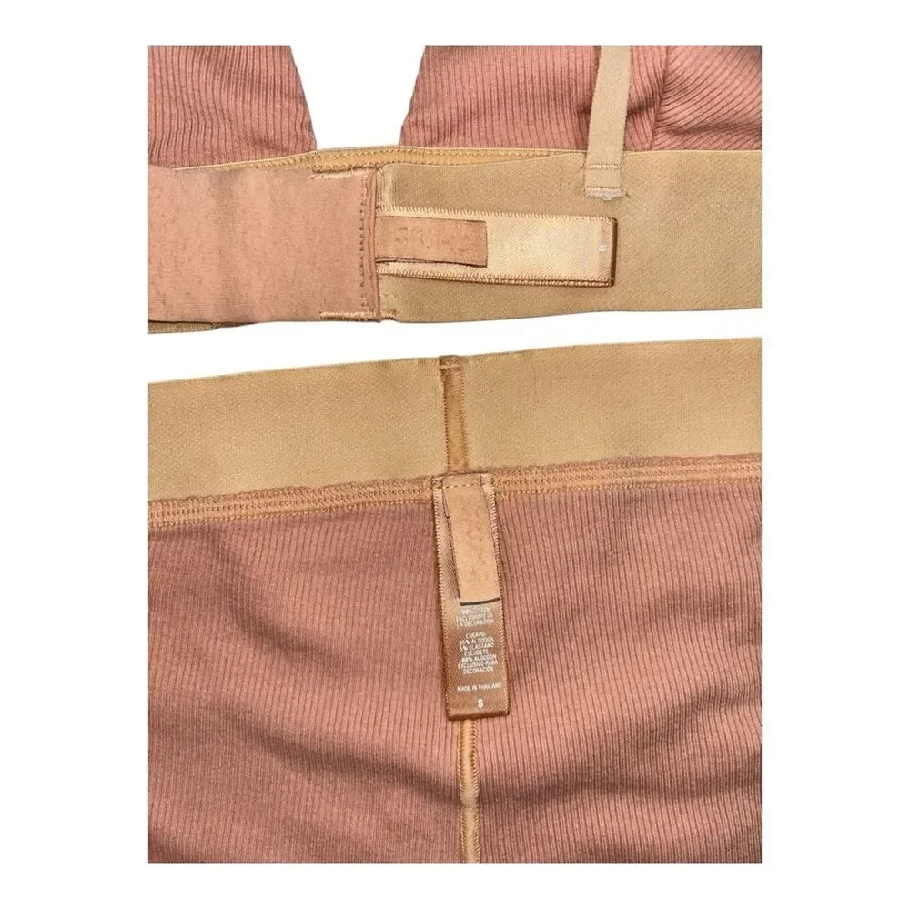 SKIMS Rose Clay Cotton Rib Plunge Bralette & Matching Cotton Rib Boxer Set S/M